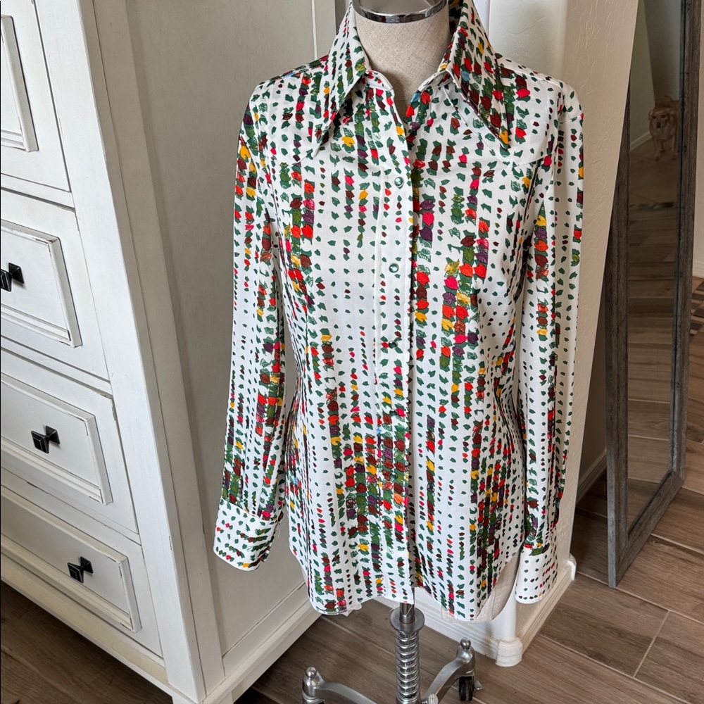 Vintage PanHandle Slim M colorful leaf print 1970 polyester pearl snap shirt